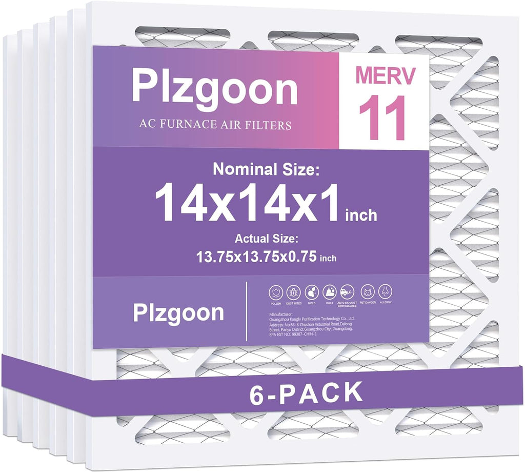 MERV 11 14x14x1 Air Filter - 6 Pack Pleated HVAC Filters for A/C & Furnace Systems | MPR 1000