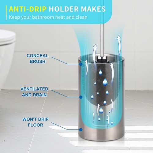TUUGOTOUU Toilet Bowl Brush and Holder Solid Long Handle Toilet Brush for Bathroom with Heavy Duty 304 Stainless Steel Base and 2 Brush Heads for Domestic Deep Cleaning Under Rims (Silver 1)