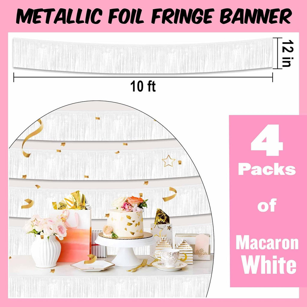 Macaron | 10 Ft White Foil Fringe Garland - Metallic Tinsel Banner for Party Decorations