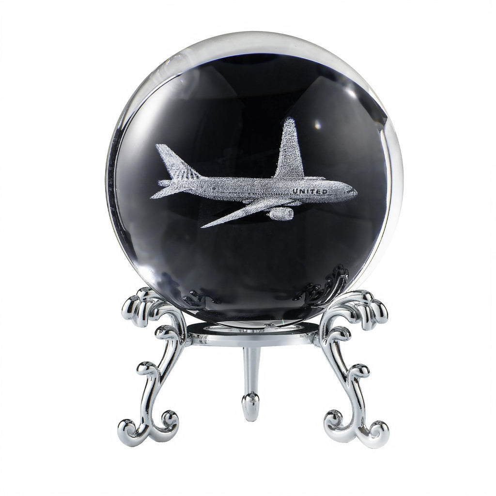 HDCRYSTALGIFTS 60mm 3D Lase Engraved Airplane Crystal Ball with Stand Glass Sphere Plane Paperweight Decor Pilot Gifts for Men Women