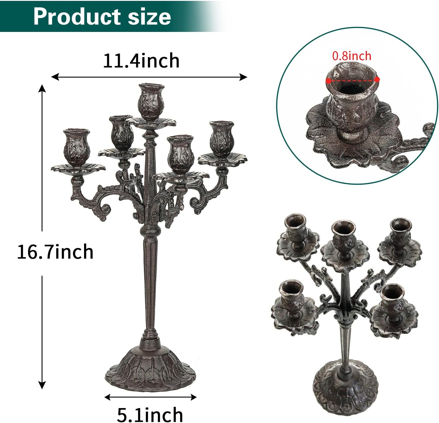 Sungmor Heavy Duty Cast Iron Candlestick Holders - Handcrafted Vintage Candelabra - 17-Inch Tall with 5 Arms for Elegant Home Decor