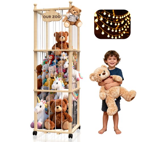 YACONA Stuffed Animal Storage, Wooden Stuffed Animal Holder with Brake Wheels, Toy Plushies Storage with Elastic Bands, Extra Large Toy Organizer & Display Cage for Nursery, Bedroom, Playroom
