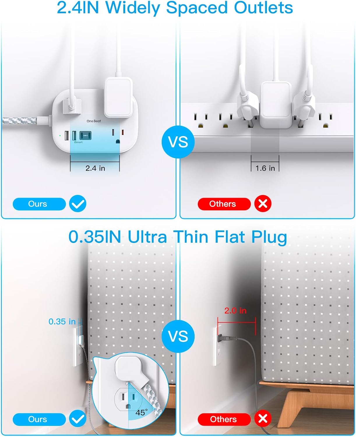 One Beat Travel Power Strip - 3 Outlets & 4 USB Ports (2 USB-C) | 5 ft Flat Plug Extension Cord for Cruise & Dorm Room