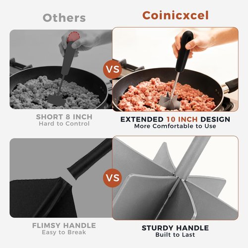 Coinicxcel 10-Inch Stainless Steel Meat Chopper - Heat Resistant, Ergonomic Handle & 6 Curve Blades