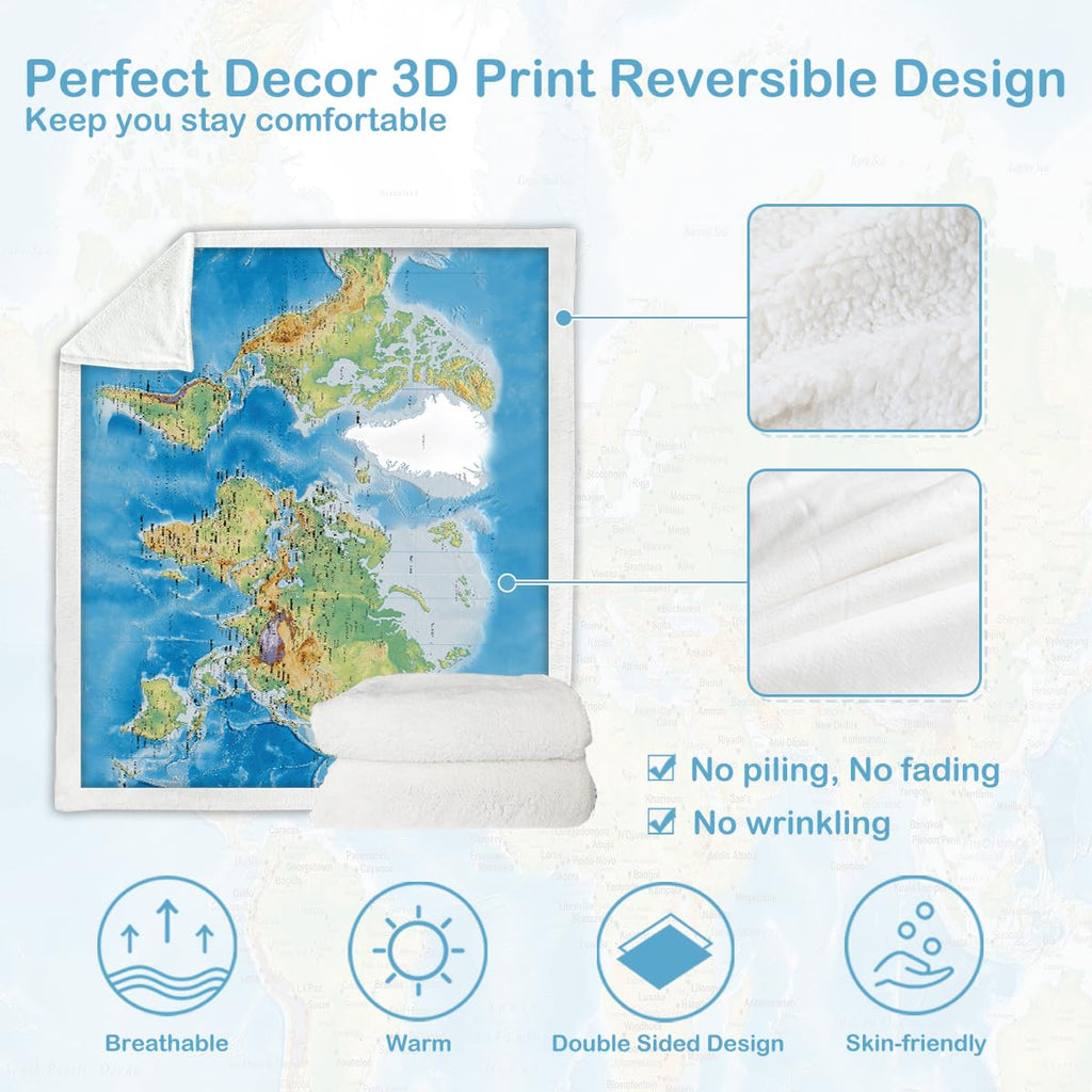 Sleepwish World Map Sherpa Fleece Throw Blanket, Soft Thick Plush Blue Blanket Vivid 3D Print Map of The World Blankets Gifts for Teens Kids Boys Girls 50x60 Inches