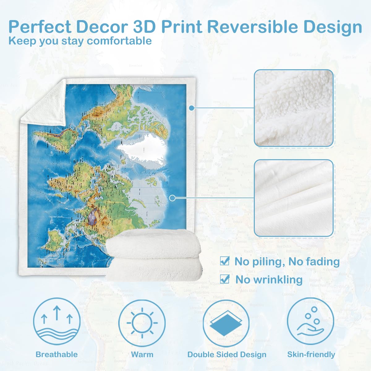 Sleepwish World Map Sherpa Fleece Throw Blanket, Soft Thick Plush Blue Blanket Vivid 3D Print Map of The World Blankets Gifts for Teens Kids Boys Girls 50x60 Inches