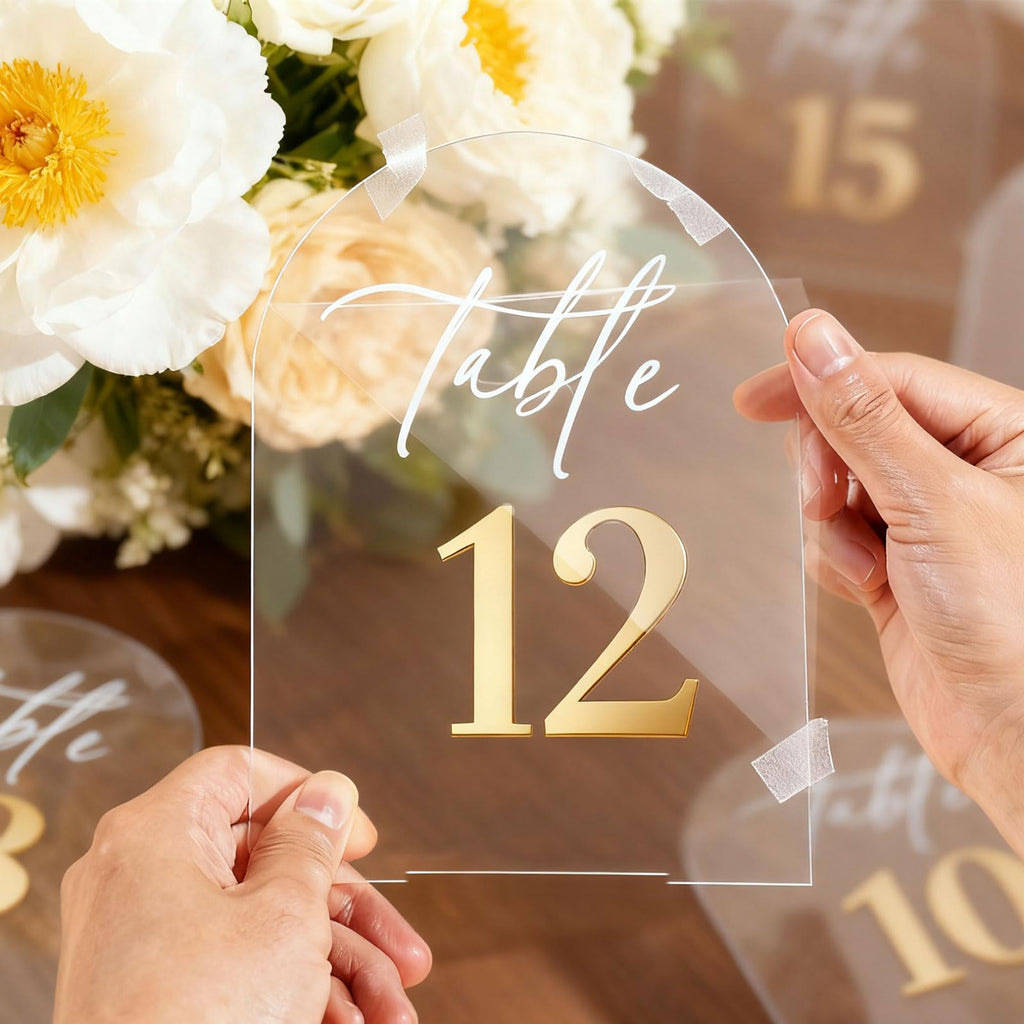 Arch Wedding Table Numbers 1-20 with Stands,5 x 8 Inch Transparent Acrylic Reception Table Signs Golden Letters,Perfect for Wedding Receptions, Parties, Anniversaries, and Events (1-20 golden)