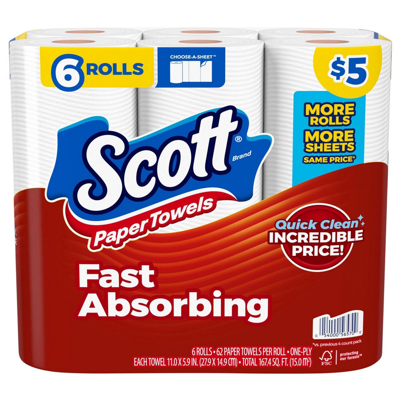 Scott Choose-A-Sheet Paper Towels - Versatile, Absorbent, 6 Count Roll Pack for Easy Cleanup