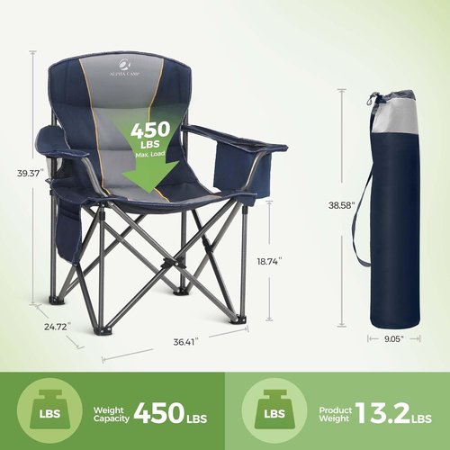 LET'S CAMP Folding Camping Chair - Oversized Heavy Duty Padded Outdoor Chair with Cooler Bag | 450 LBS Capacity, 2 Pack