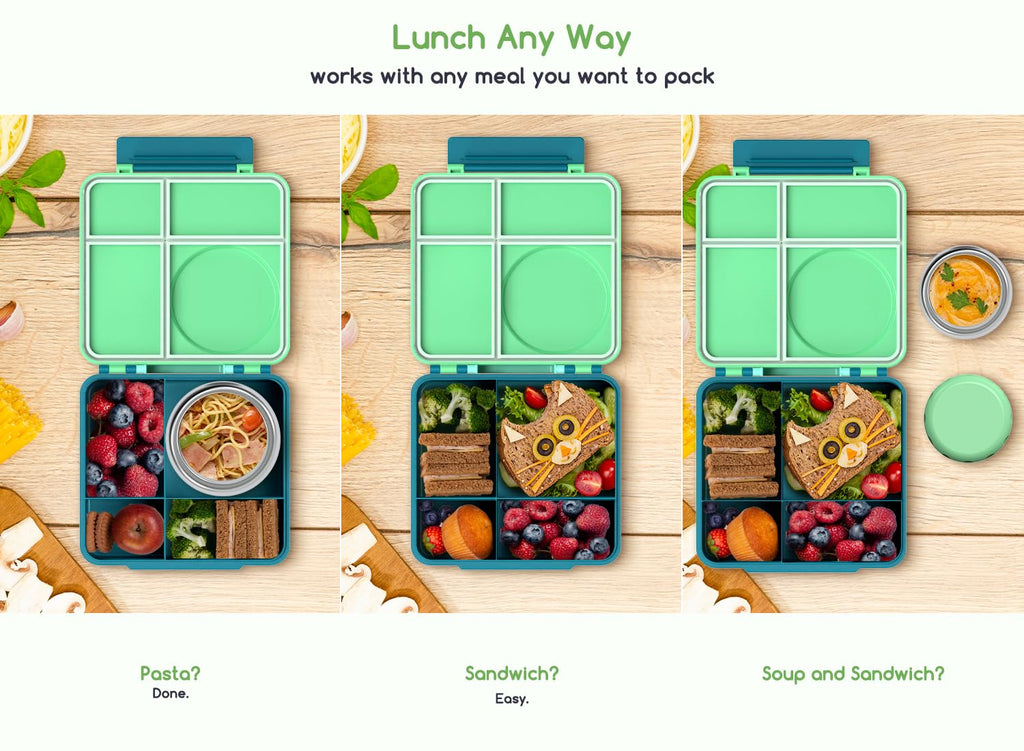 JoyYum Bento Box for Kids - Leak-Proof Bento Lunch Box with Insulated Thermos Food Jar - 4 Compartments, 1 Removable Divider, 1Spoon, 1 Fork - Dishwasher Safe, BPA-Free (Green)