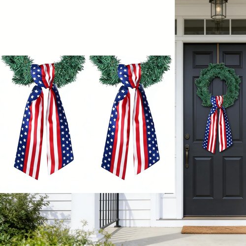 Dream Loom Patriotic 4th of July Wreath Sash - 2pcs Red, White & Blue Satin Decor for Front Door