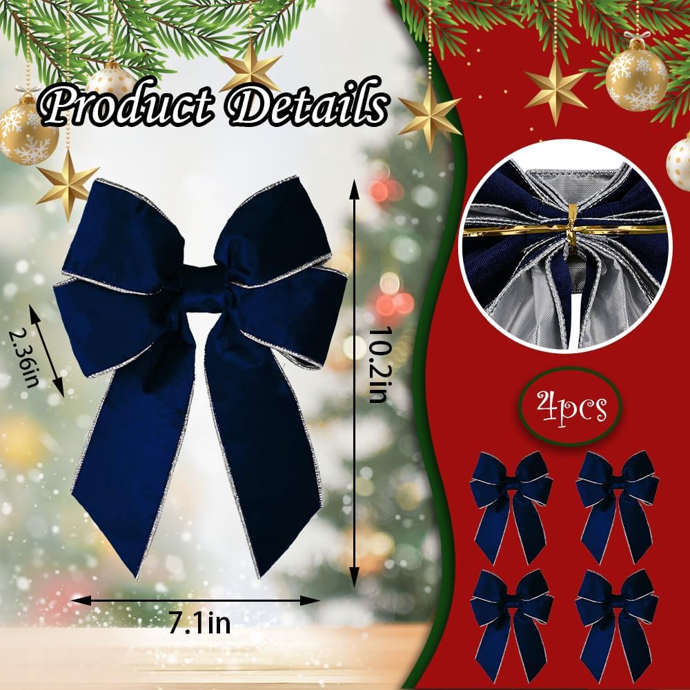 Skiennix Christmas Wreath Bows - 4 Pieces 7.0 x 10.2 Inches Blue Farmhouse Decor for Holiday Ornaments