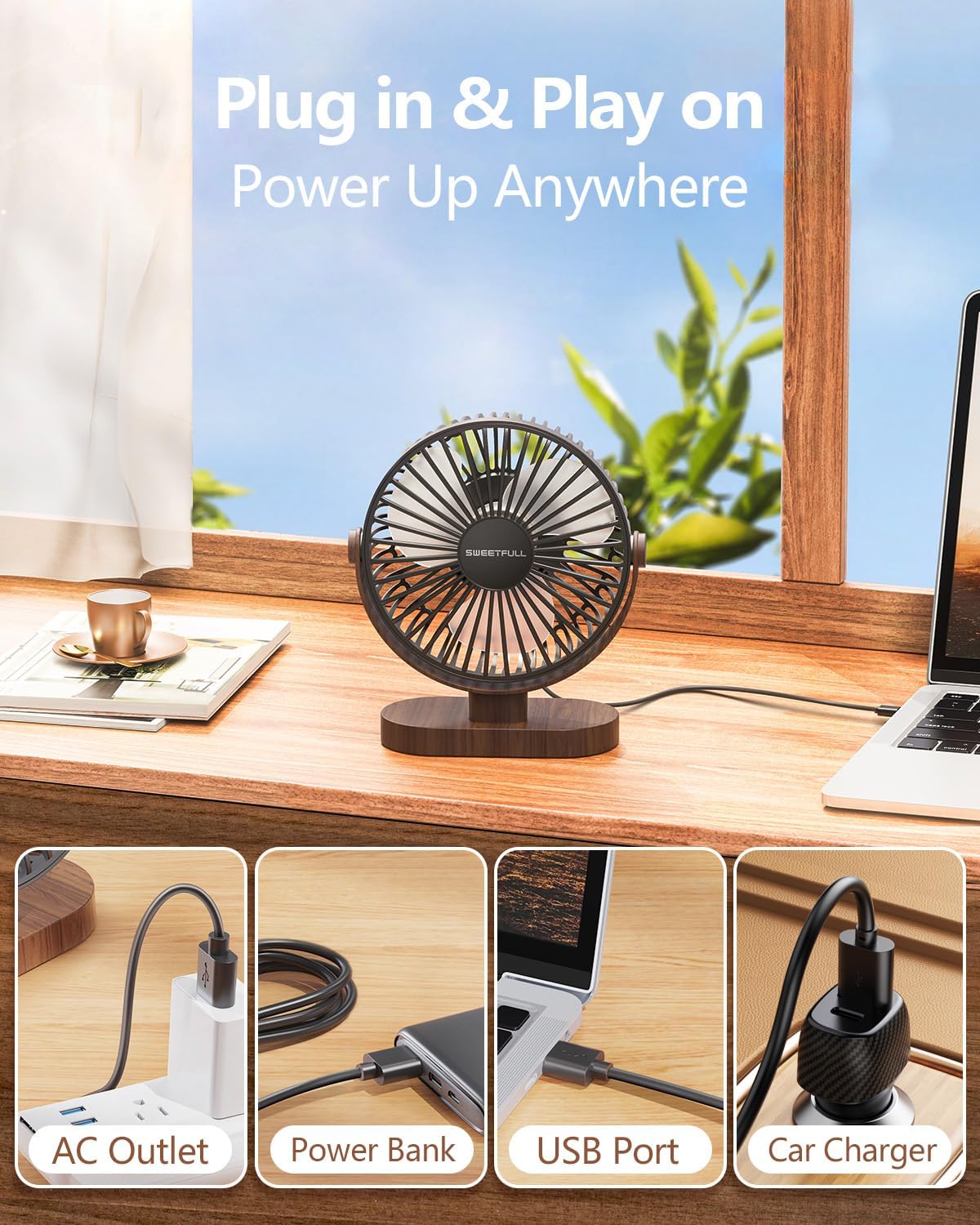 Sweetfull 6.5 Inch USB Desk Fan - Quiet Portable Mini Fan with 3 Speeds & 360° Adjustment | Black Wood Grain