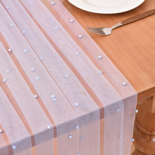 Joanlody Pearl Table Runner - 10ft Rustic Boho Tulle for Spring & Summer Events | Blue Decor