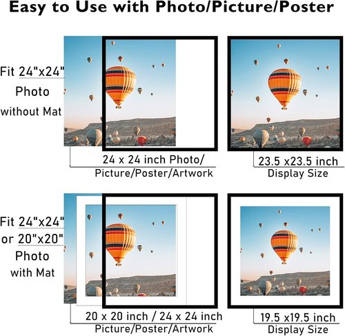JCJMY 22x22 Black Picture Frame - Display 18x18 Photos with Mat or 22x22 Without Mat | Shatter-Resistant Plexiglass