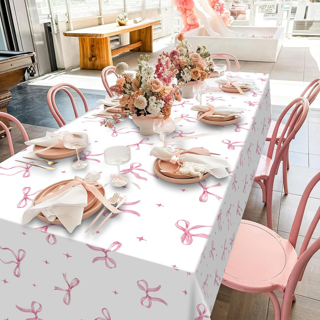 KEASKELL 3Pcs Coquette Party Tablecloths Decorations,Pink Bow Plastic Table Cover Disposable Rectangle Table Cloth for Girls Birthday Bridal Wedding Party Supplies,54x108 Inch