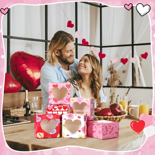 Dispowreath 24 Pcs Valentine's Day Treat Boxes Conversation Heart Cardboard Box with PVC Window Valentines Sweet Bakery Box Pink Red Paper Gift Container for Cookie Goodie Candy Wedding Party Favors