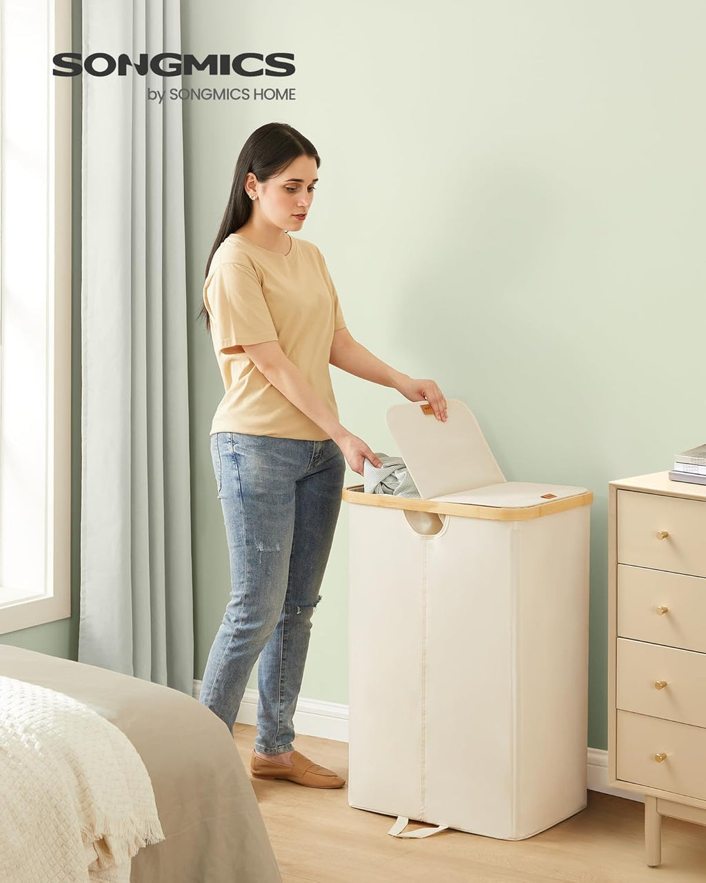 SONGMICS Laundry Hamper - 39 Gal. Dual Compartment Basket with Removable Liner Bag - Cream White & Light Bamboo