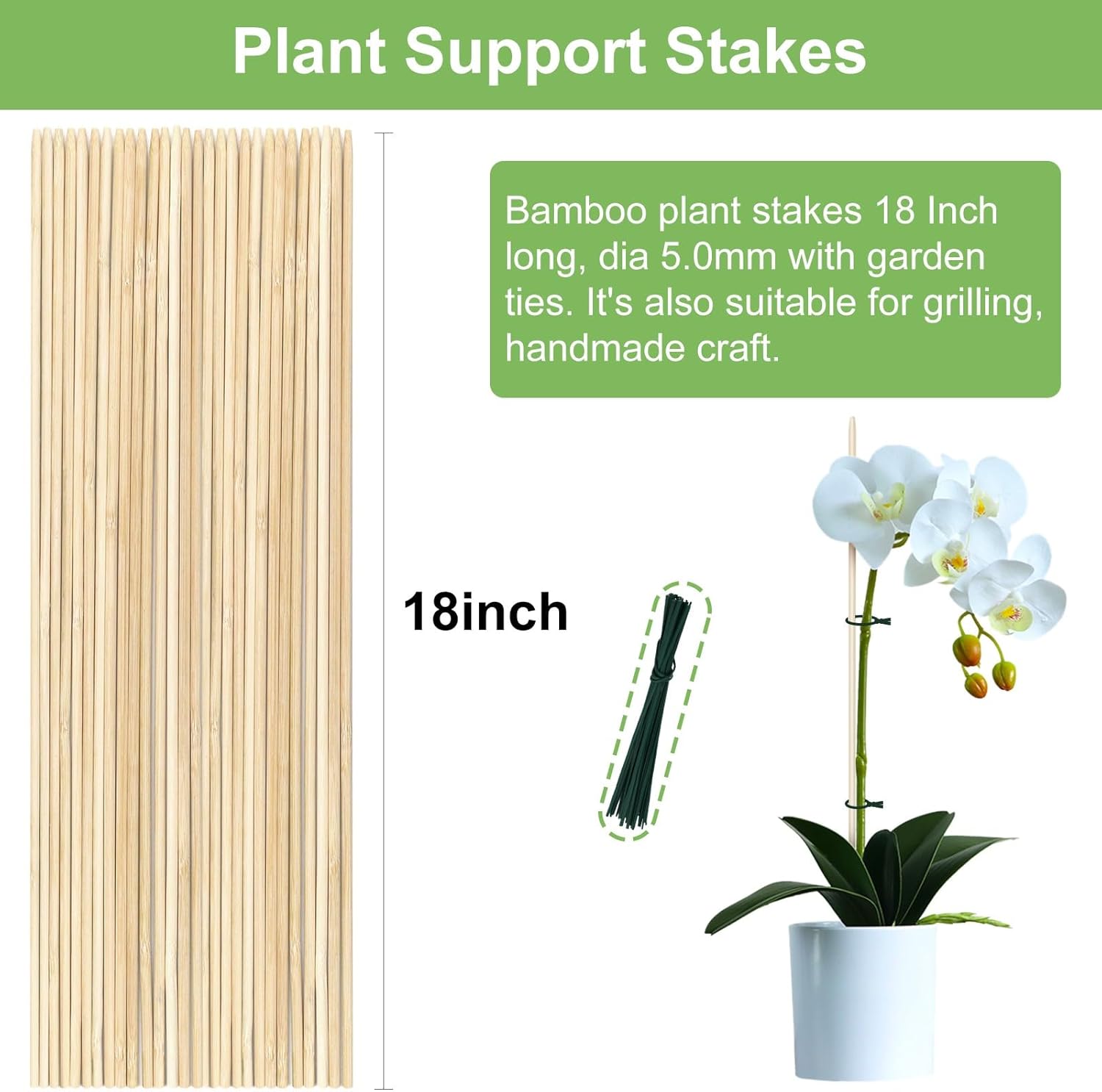 Bamboo Plant Stakes - 18 Inch Wooden Support for Gardening | 46 PCS with Wires for Indoor Plants