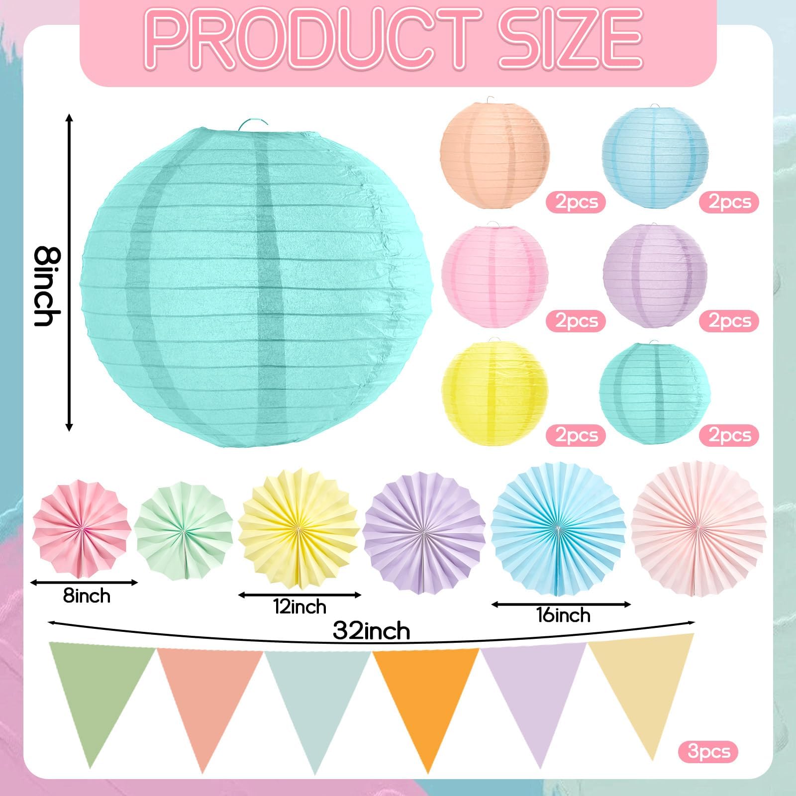21Pcs Pastel Classroom Decor Colorful Pastel Hanging Paper Lanterns Paper Fans Triangle Flags Banners Set Round Lantern for Back to School Ceiling Supplies Home Indoor Birthday Party Ceremonial Event