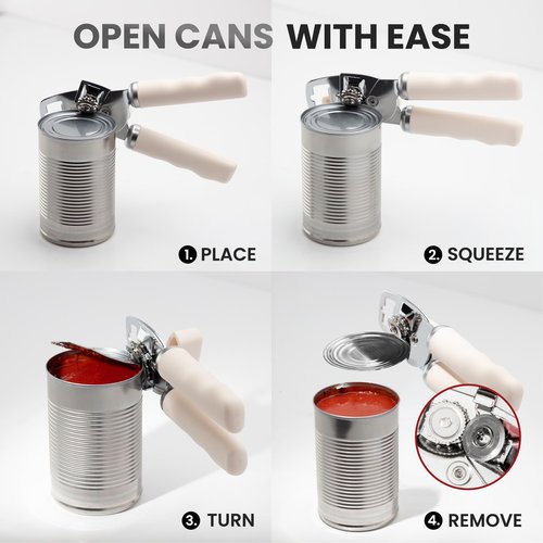 Zulay Kitchen Heavy Duty Stainless Steel Can Opener Manual with Bottle Opener - Rust Proof Manual Can Opener With Turn Knob & Comfy Soft Grip Handles - Cream