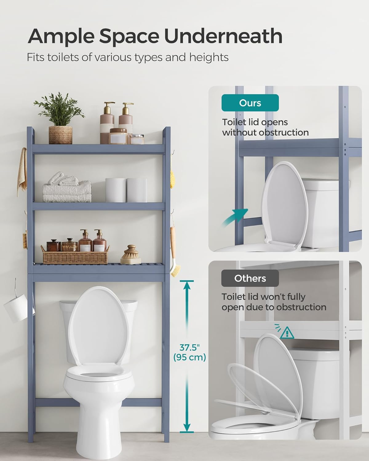 SONGMICS Over The Toilet Bathroom Organizer - 3-Tier Adjustable Shelf, Space-Saving Design, Gray, 10.2 x 24.8 x 66.9 Inches