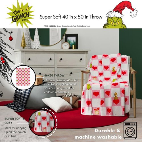 Grinch Checkered Heart Bedding Super Soft Silk Touch Throw, 40 in x 50 in, Valentine's Day Gift (Officially Licensed Product) by Franco Collectibles