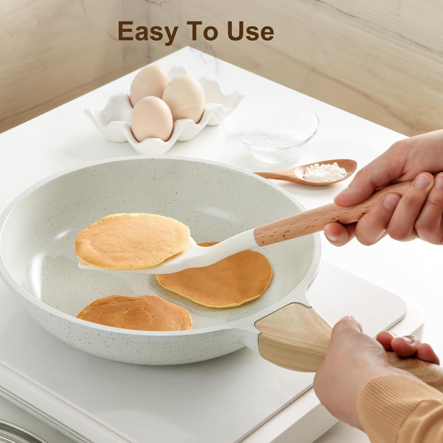 SENSARTE Silicone Cooking Utensils Set - 2-Piece Spatula & Ladle with Wooden Handle | White