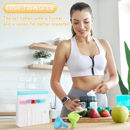 Protein Powder Travel Container Set, Reusable Powder Dispenser Supplement Containers with Funnel, Spoon & Notes, 21PCS Single Dose Bags and 3PCS Large Standable Zip Bags for Workout Fitness Travel