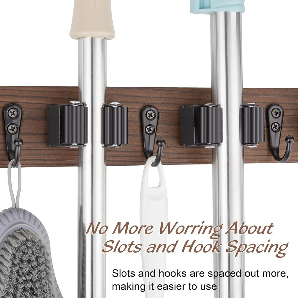 OUTNILI Mop and Broom Holder Wall Mount - Rustic Wood Organizer with 5 Slots & 4 Hooks for Garage, Closet, Laundry Room
