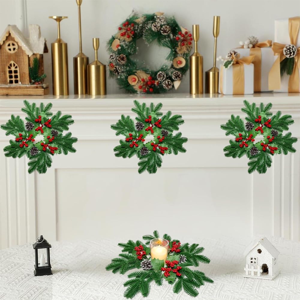 Skiennix Christmas Small Wreaths - 3Pcs 13.5-Inch Greenery Pine Candle Rings for Home Decor