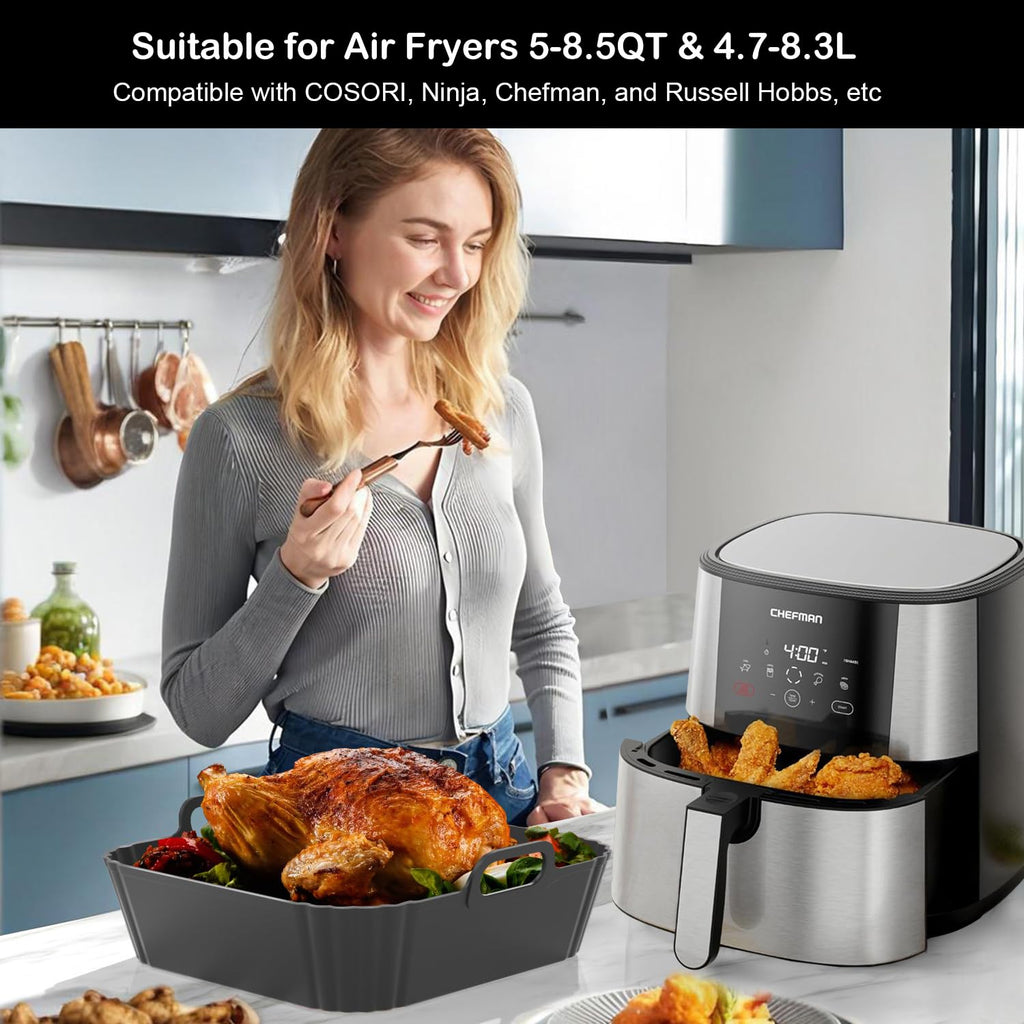 PINTAUR 9-Inch Large Square Silicone Air Fryer Liners for Ninja AF141 AF181 AF142 Cosori 6QT, 2 Pack Silicone Pot Baking Accessories for Chefman, Instant, Cuisinart, Reusable Tray Insert 5–8QT