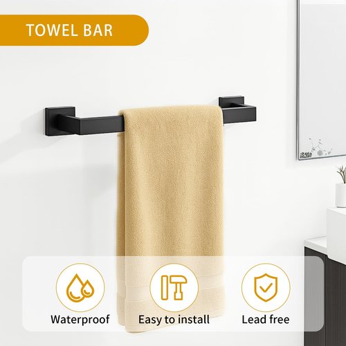 Twirobt 5-Piece Matte Black Bathroom Hardware Accessories Set - 16 Inch Stainless Steel Wall Mounted Towel Rack, Toilet Paper Holder, Towel Ring & 2 Hooks, Bathroom Organizer and Storage
