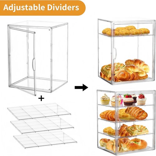 Attelite Pastry Display Case,2 Pack 4 Layers Adjustable Clear Bread Box for Kitchen Countertop,Bread Storage with Magnetic Door Bakery Pastry Display15.5x11.4x9.8inch