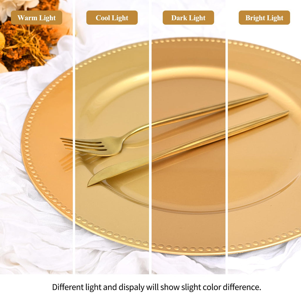 YJYQHYX 24 Pack Gold Charger Plates 13" Plastic Round Charger Plates Dinner Plate With Beaded for Wedding Table Dinner Kitchen Easter Catering Event Party Decoration