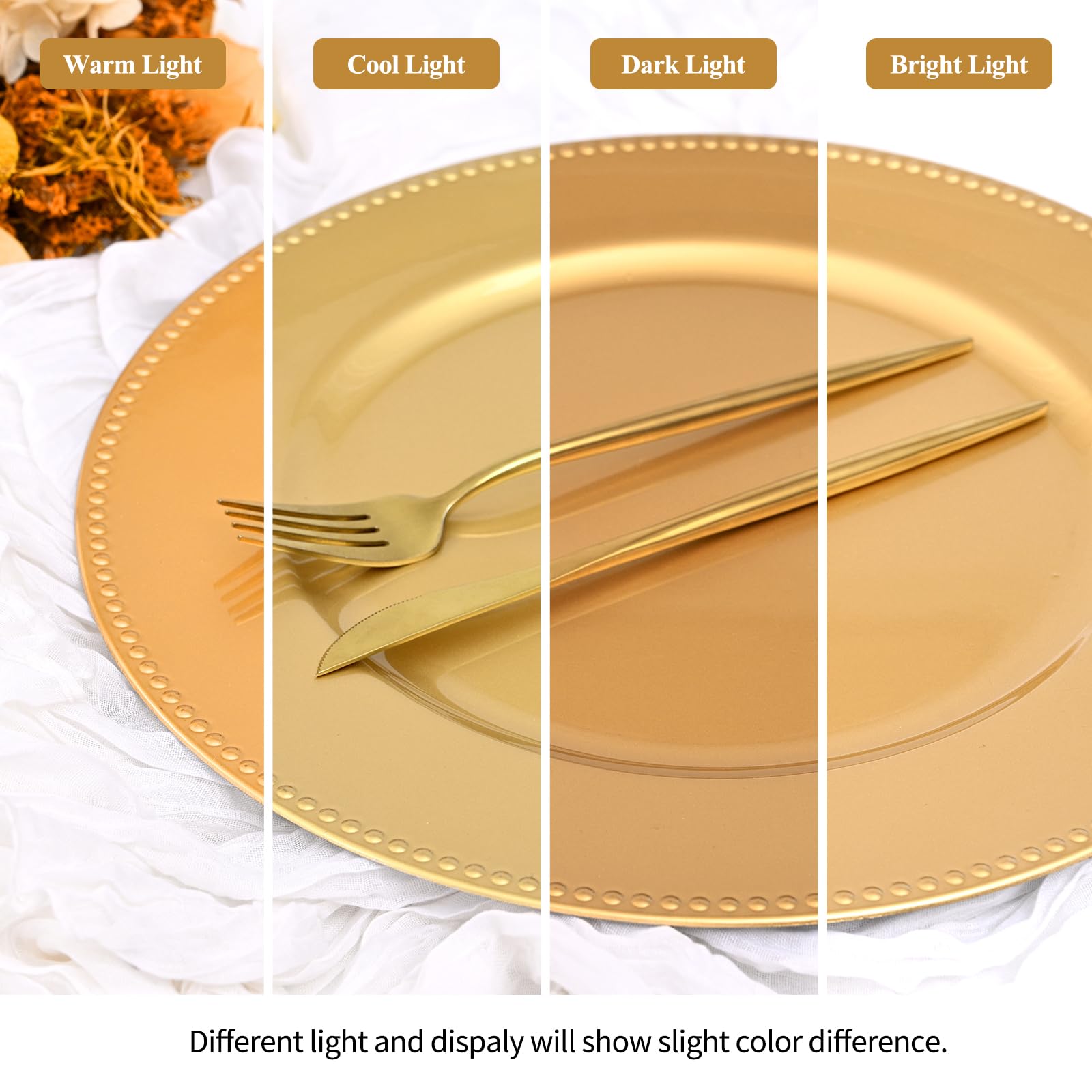 YJYQHYX 24 Pack Gold Charger Plates 13" Plastic Round Charger Plates Dinner Plate With Beaded for Wedding Table Dinner Kitchen Easter Catering Event Party Decoration