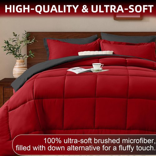FUANNA Queen Comforter Set - 7-Piece Reversible Bedding Set with All-Season Premium Comforter | Red & Black