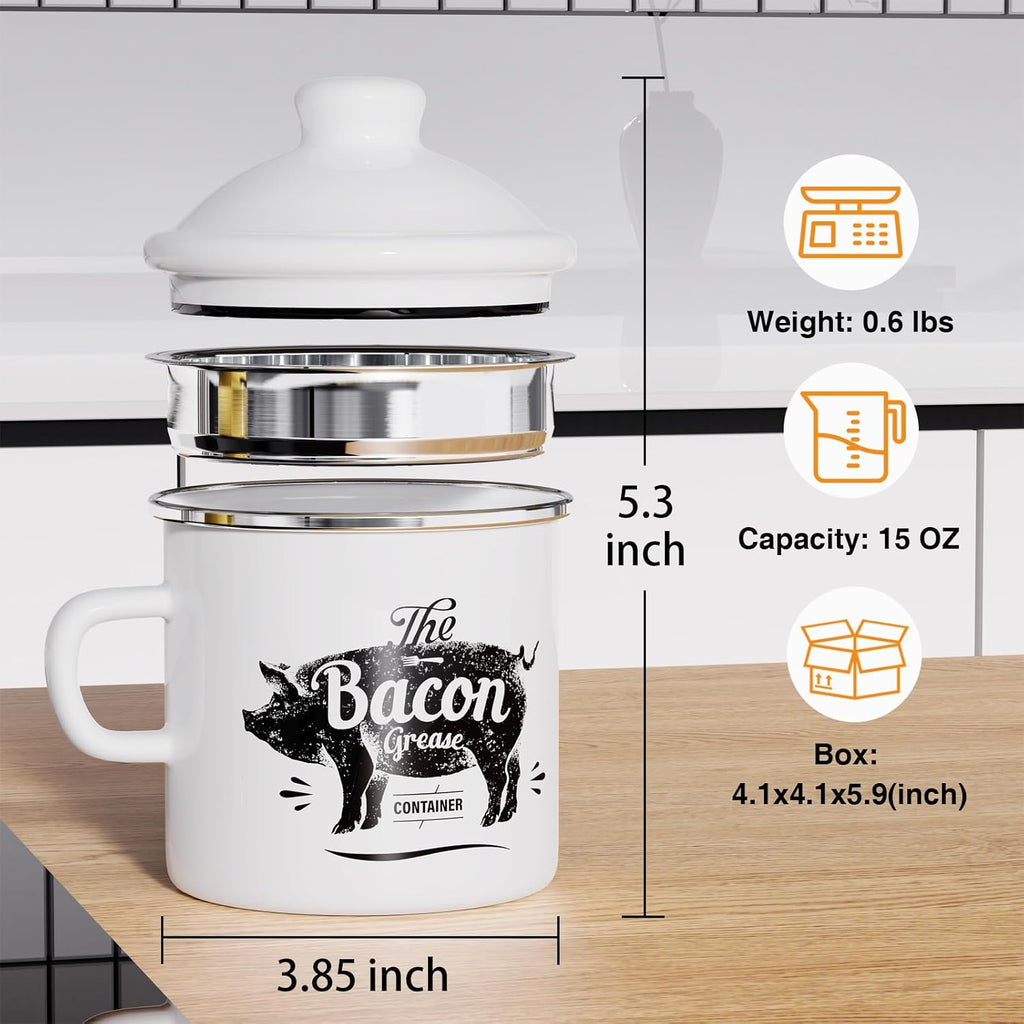 PGYARD Mini Bacon Grease Container - 15oz Enamel Strainer for Kitchen Fat Storage | Dishwasher Safe, White