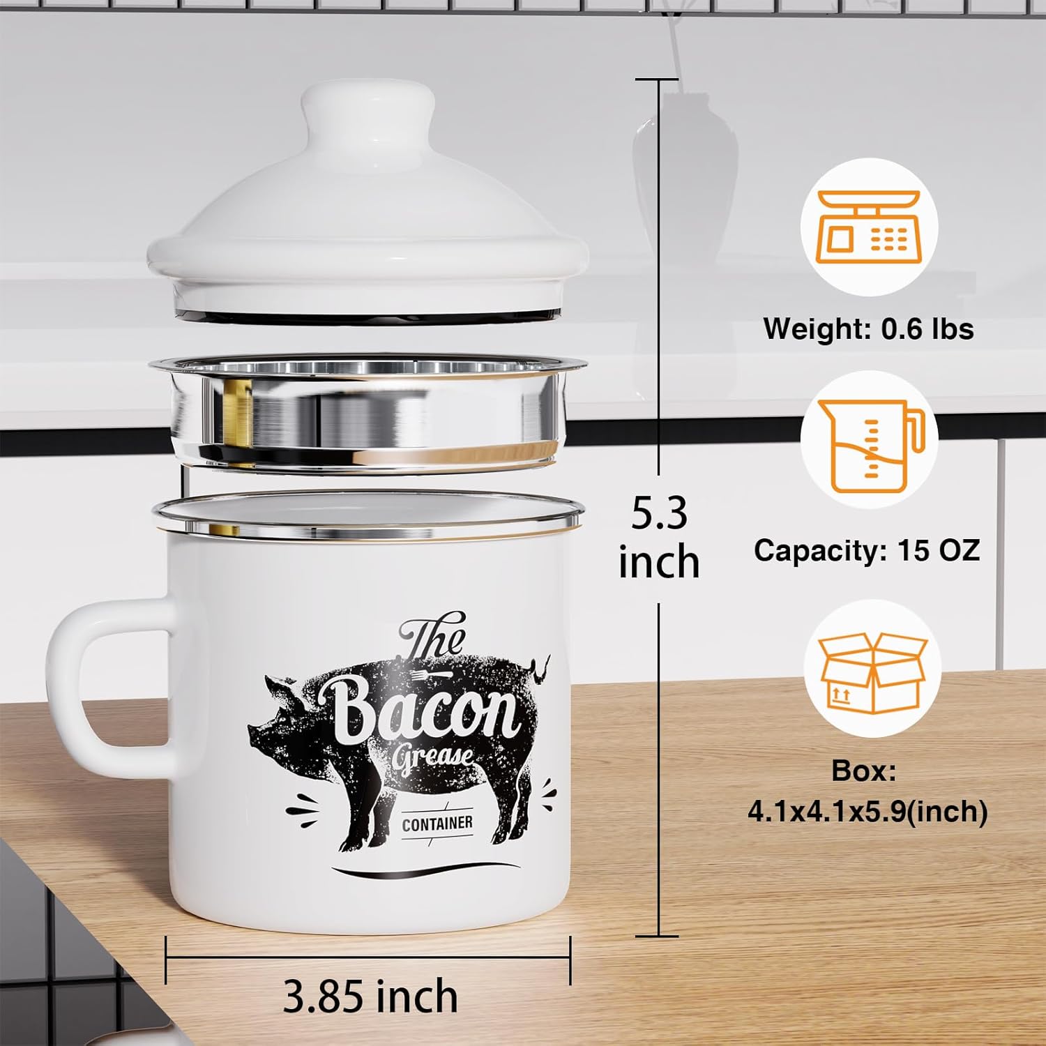 PGYARD Mini Bacon Grease Container - 15oz Enamel Strainer for Kitchen Fat Storage | Dishwasher Safe, White