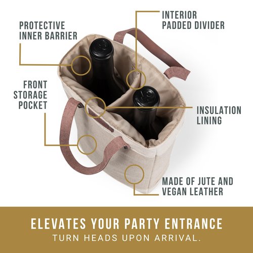 LEGACY - a Picnic Time brand - Pinot Jute 2 Bottle Insulated Wine Bag - Wine Tote Bag - Wine Gift Bag, (Beige)