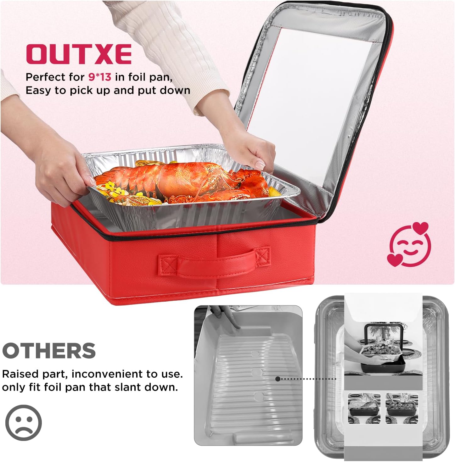 OUTXE 2 Pack Foil Pan Carrier - PU Leather Holder with Handle for Travel & Parties | 9x13 in, Red