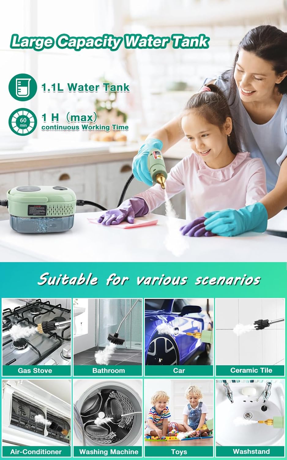Skiennix Steam Cleaner - 2500W High Pressure Handheld Steamer with 6 Adjustable Gears | Portable for Home, Kitchen, Bathroom & Car Detailing (Green)