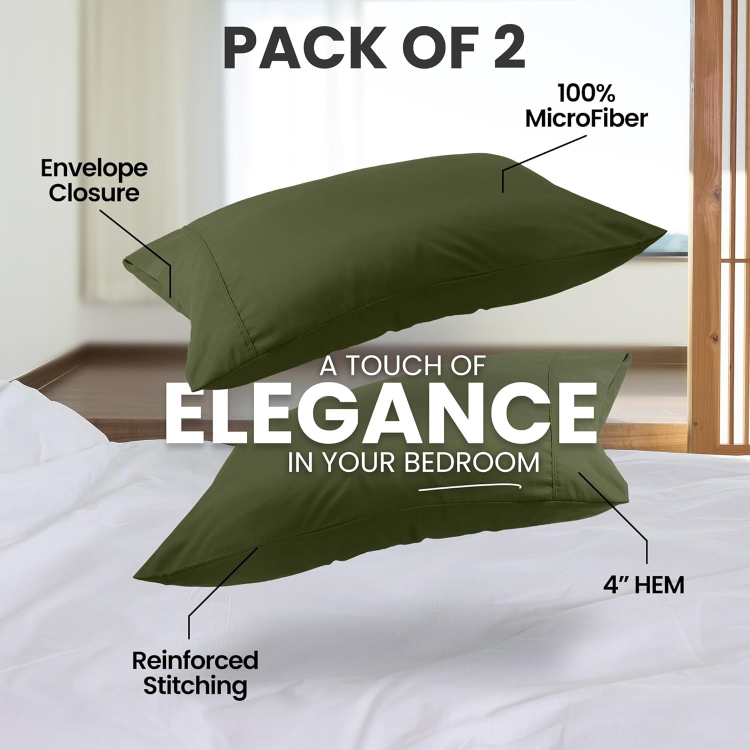 Utopia Bedding Queen Pillow Cases - Soft Brushed Microfiber - 2 Pack - Olive Green | 20 x 30 Inches