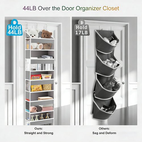 XiflLife Over The Door Organizer Closet,5 Bins 10 Side Pockets,Hanging Organizer,Anti Tilt 44 lbs Load Organizers and Storage with Clear Window for Bedroom,Nursery,Rv,Bathroom,Camper(Light Grey)