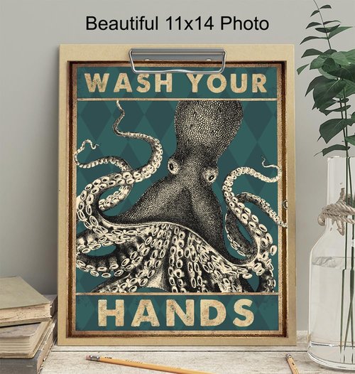 Coastal Nautical Bathroom Wall Art | Beach Octopus Decor - Funny Wash Your Hands Sign - 11x14