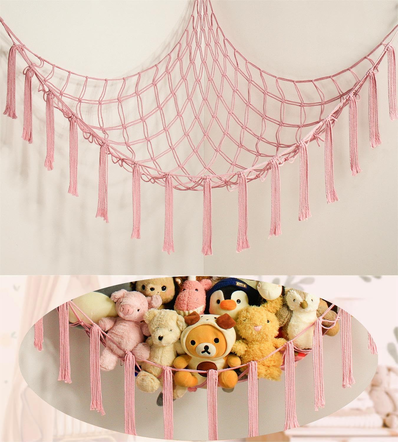 Mirolam Stuffed Animal Storage Hammock Net - Large Pink Toy Organizer for Nursery Decor
