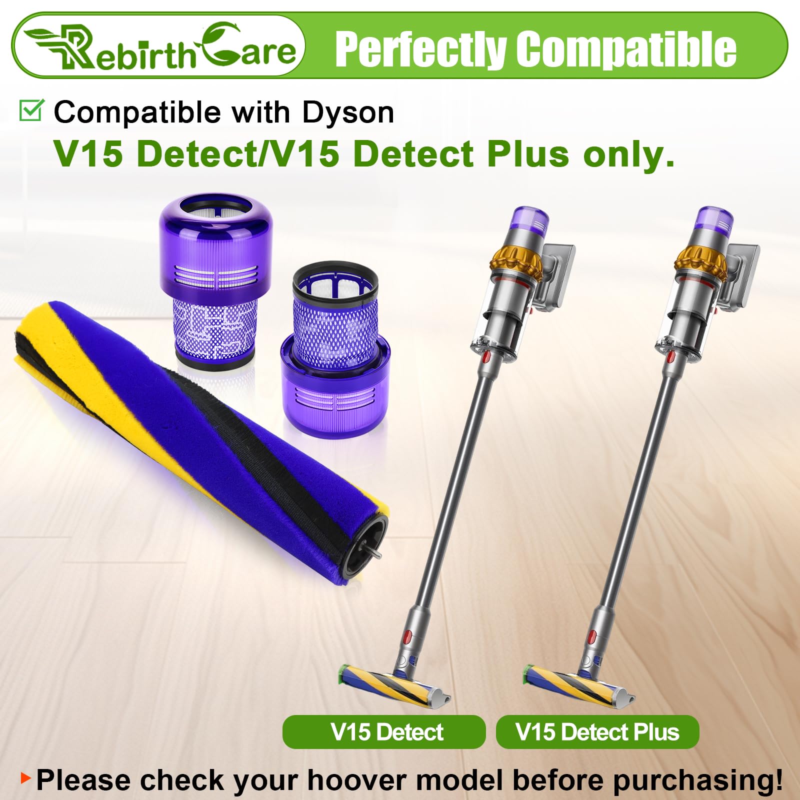 Brush Roller and Filter for Dyson V15 Detect/V15 Detect Plus Vacuum Cleaner, V15 Replacements Parts #970013-02 & 971634-01
