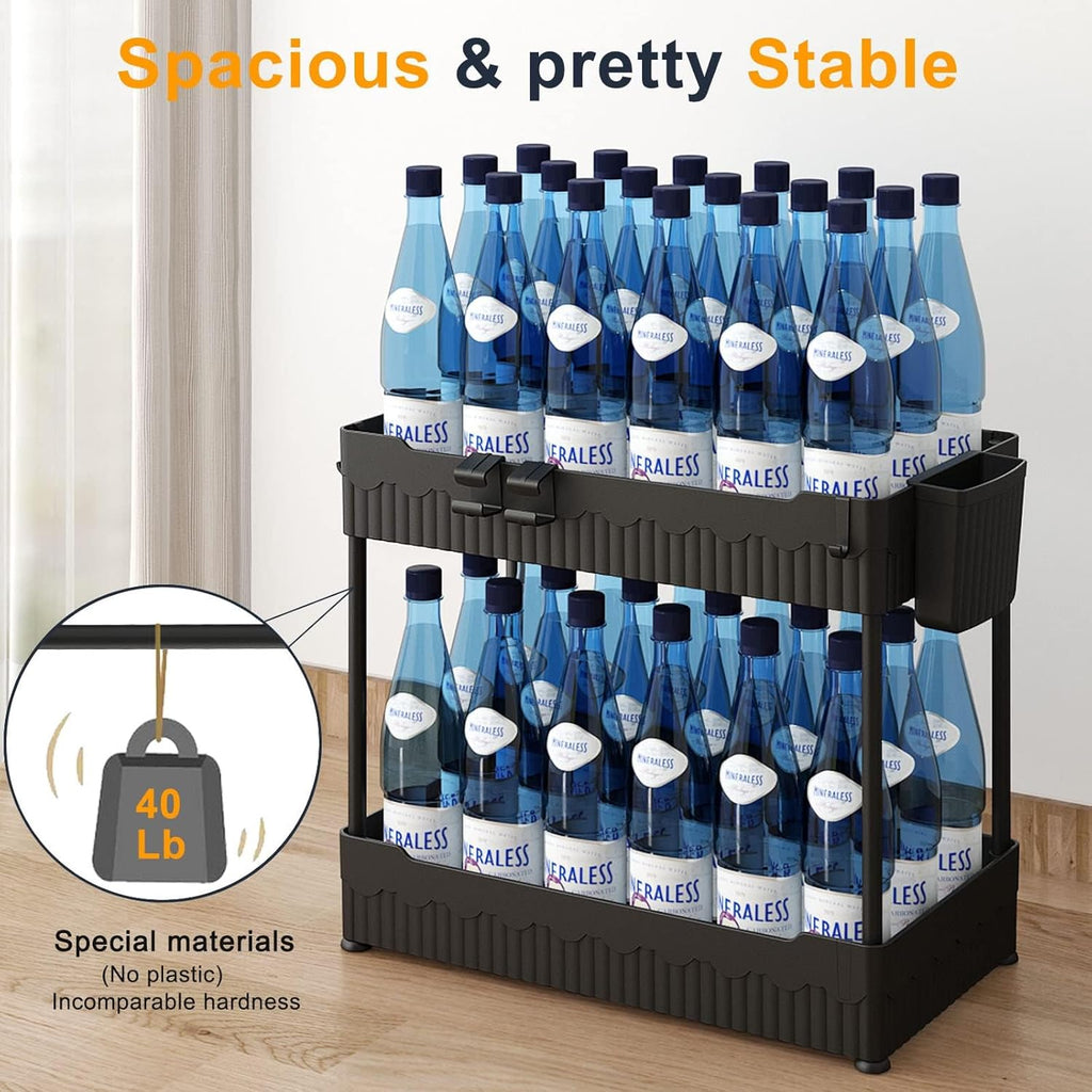Sevenblue Under Sink Organizer - Multi-Purpose Storage Shelf with Hooks for Kitchen & Bathroom | Black, 2 Pack
