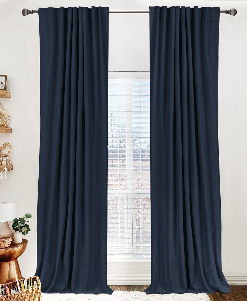 Skiennix 100% Blackout Linen Curtains - Thermal Insulated Drapes for Bedroom | 84" Long, Navy, 2 Panels Set