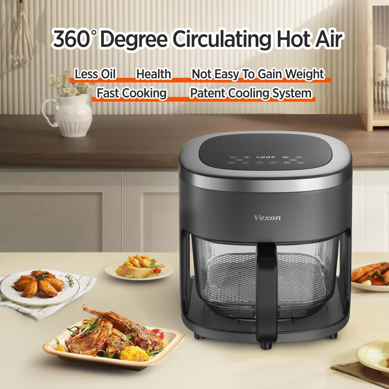 6-IN-1 Glass Air Fryer,4.5QT Air Fryer with Viewing Glass Pot, Air Fry, Dehydrate, Air Crisp Technology,Nonstick & Dishwasher Safe Basket,97% Less Oil,Features Digital Timer (Gray)